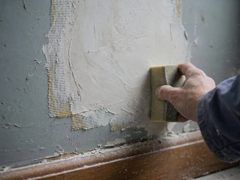 Hand sanding a fresh drywall patch with mesh tape over a baseboard, dust in the air