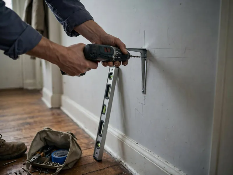 Hands with a cordless drill fixing a steel shelf bracket to a hallway wall, a level and a tool bag on the floor