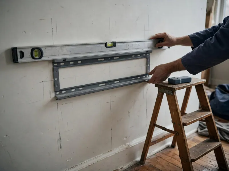 Hands levelling an empty TV wall bracket on a living-room wall, a wooden step stool beside it