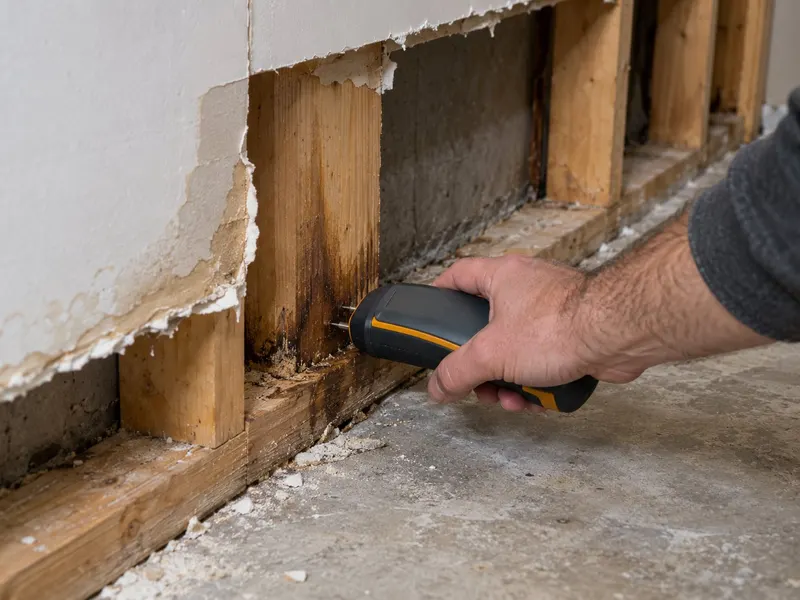 Section of ceiling drywall cut open beside a brown water stain, damp insulation visible above